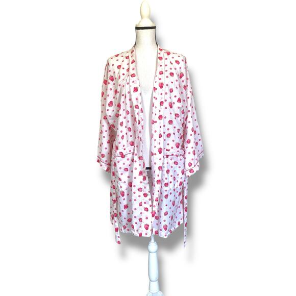 Mahogany Short Robe Sz M White Cotton Strawberry Print Belted Knee Length Cute - Picture 7 of 12